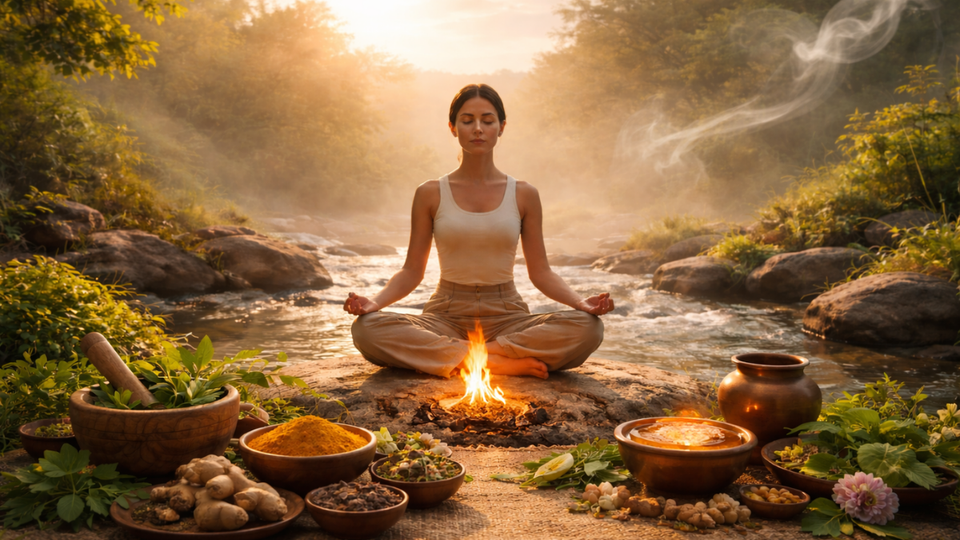 Practicing an Ayurvedic lifestyle: meditation, healing herbs, and the five elements guiding a path to holistic wellness.